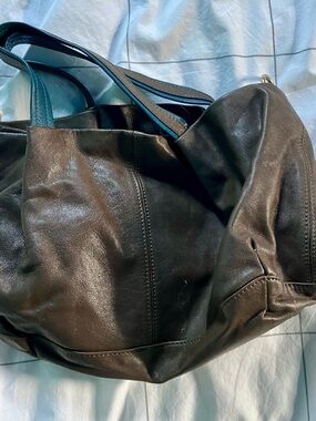 Black Leather Tote Bag with Teal Handles